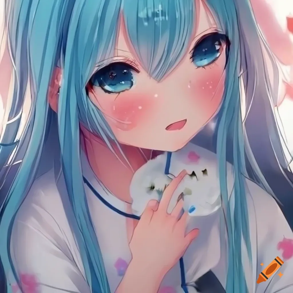 Chibi-style anime girl with blue hair and a cheerful pose