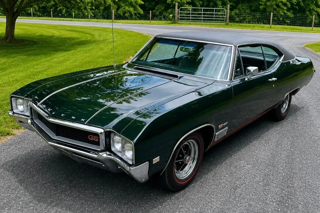1968 Buick GS 400 Sport Coupe in green finish with red rocker stripes and vinyl roof
