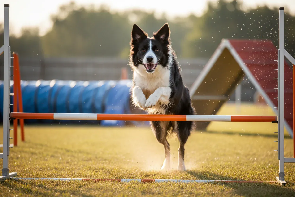 Athletic border collie in action during agility training