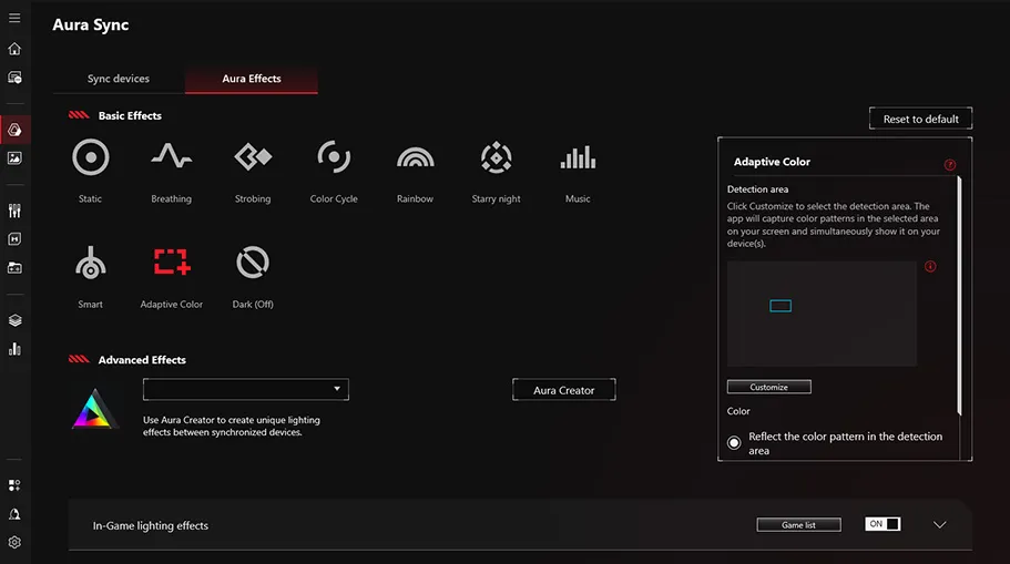 Aura Sync user interface displaying lighting effect options