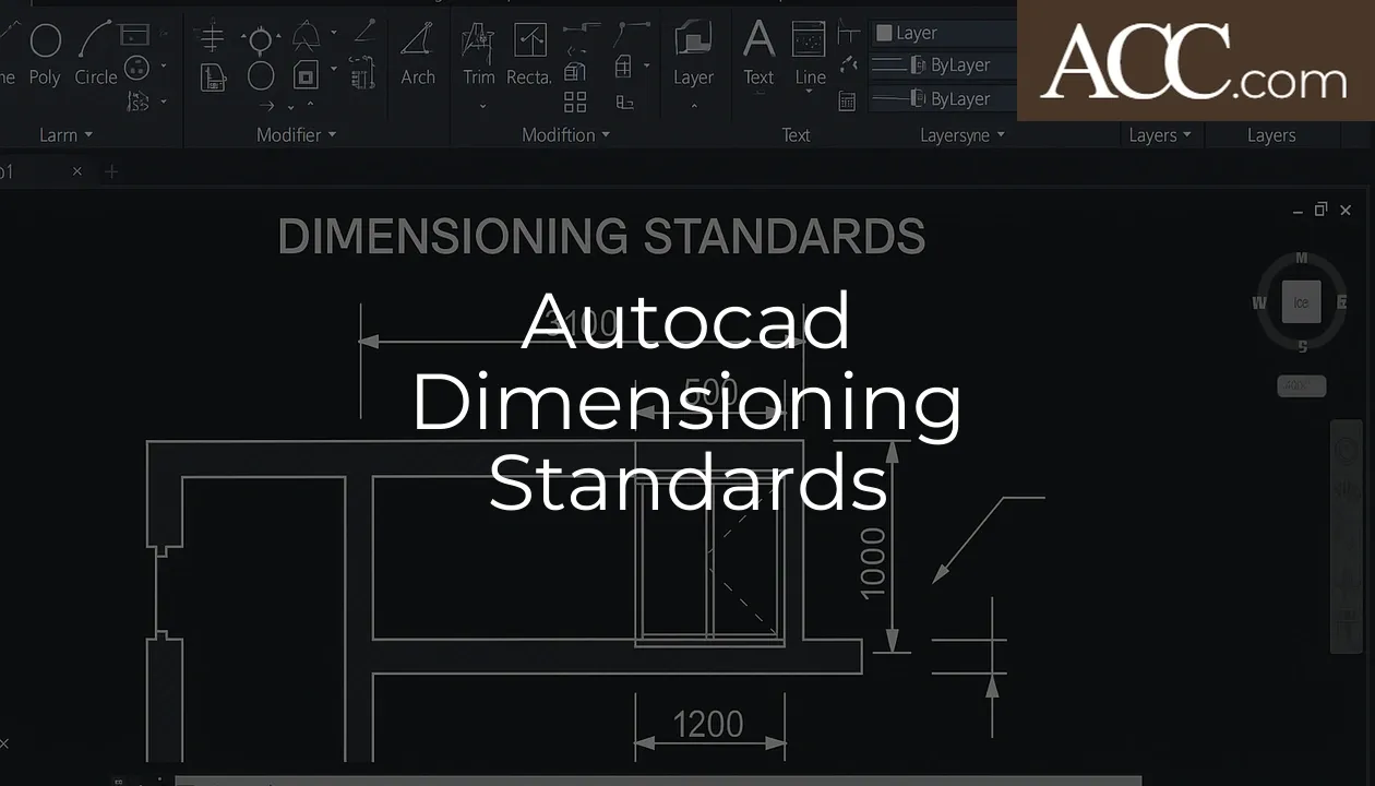 Autocad Dimensioning Standards showing detailed technical drawing elements including dimensions indicated in millimeters, with a black background and white text. The drawing features horizontal and vertical measurements, a clear depiction of a floor plan layout, and the title