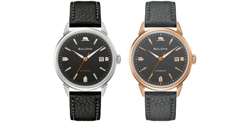 Automatic Bulova watch with black dial and orange accent details