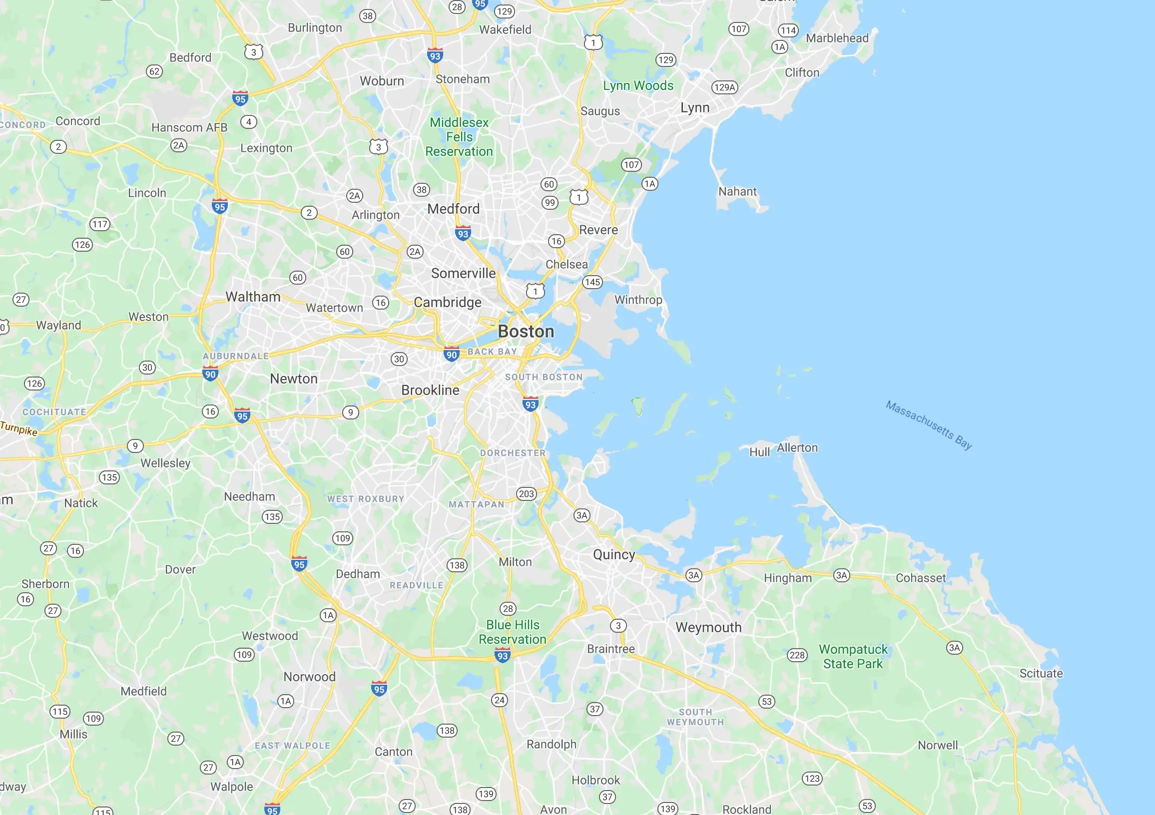Map showing service coverage areas in Boston for dog walking and pet care services