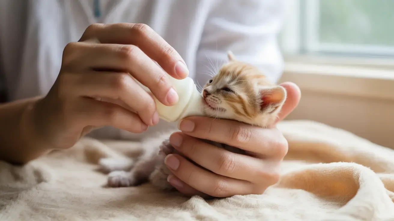 A small kitten nestled in a soft blanket being cared for indoors