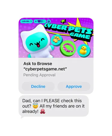 Screen showing text message with cyberpetsgame.net screengrab, Decline and Approve buttons under graphic, message text, "Dad, can I please check this out, all my friends are on it already"