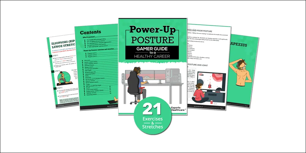 Illustration of posture improvement exercise program for gamers focusing on mobility and stretching