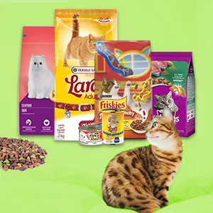 Dry cat food products displayed for balanced feline nutrition