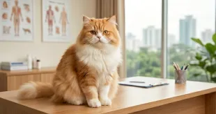 Domestic cat with healthy fur coat resting indoors