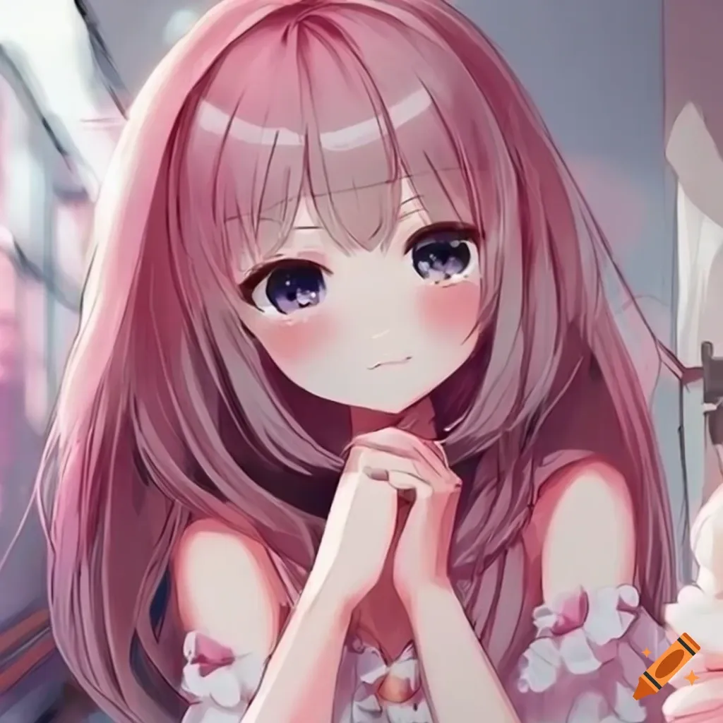 Cute anime girl with pink and white hair in a dreamy setting