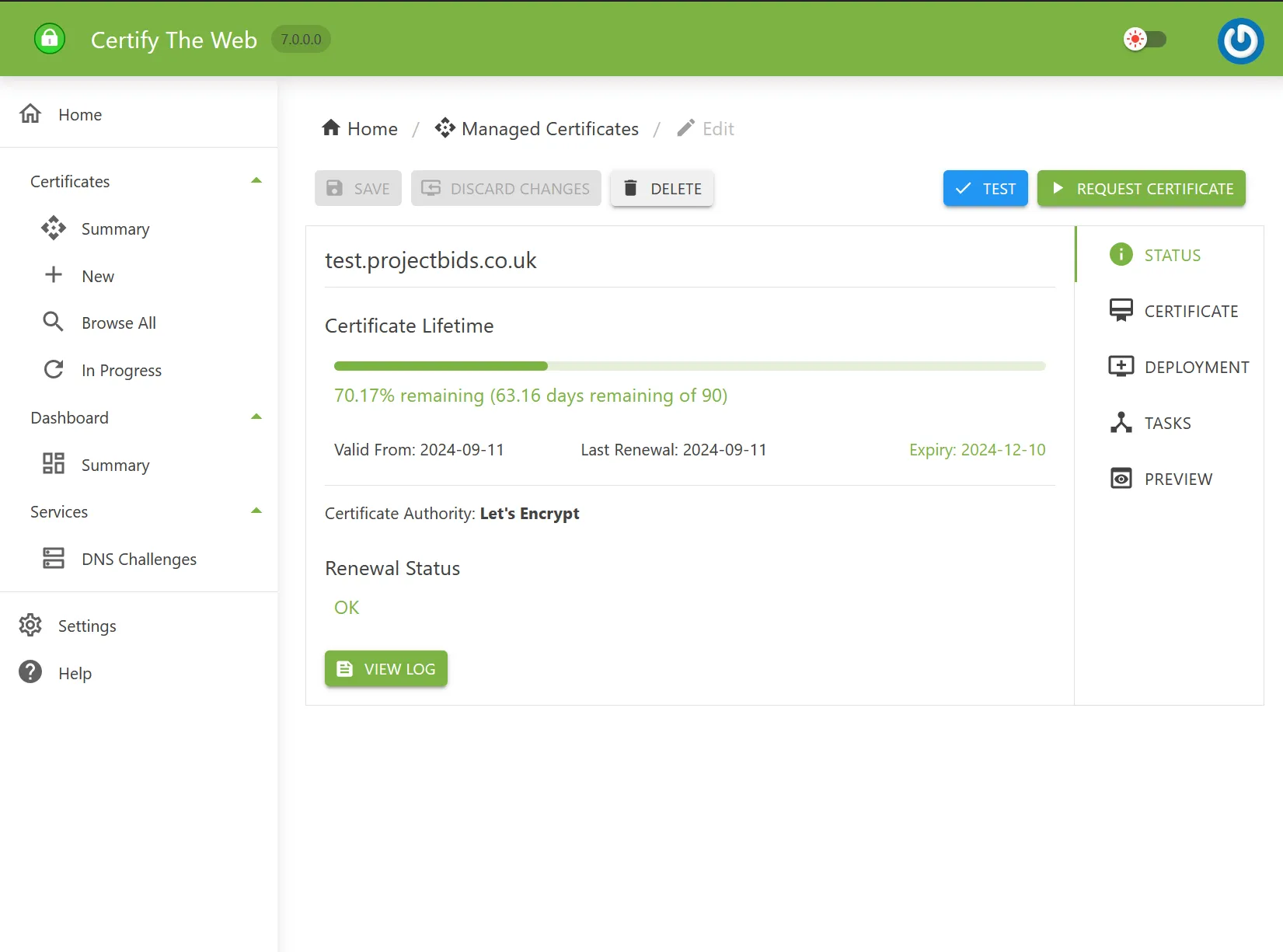 Example of a managed certificate configuration within the Certify Management Hub