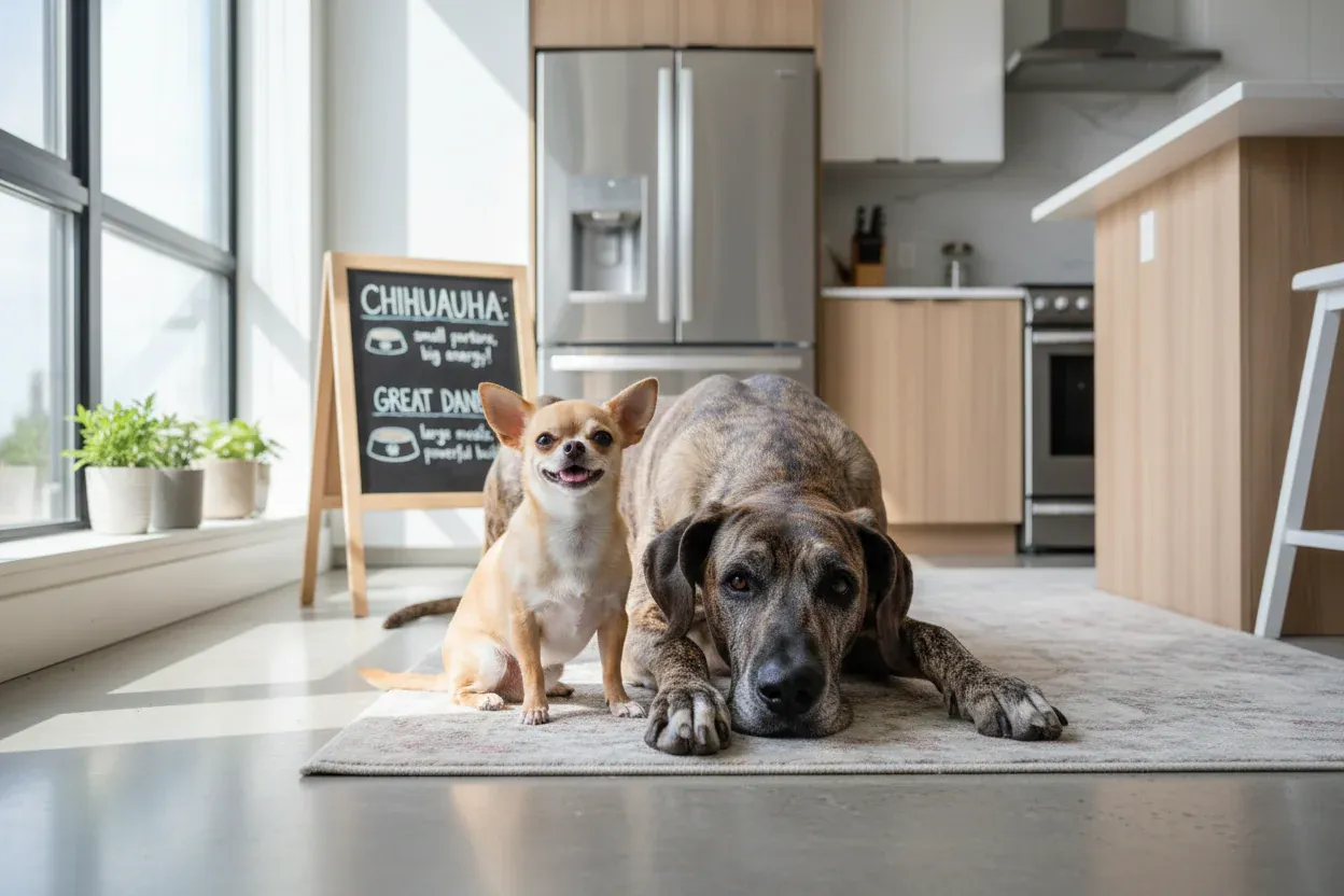 Chihuahua and Great Dane size comparison illustrating breed nutrition differences