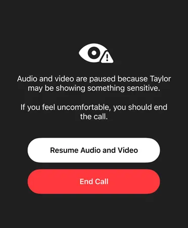 Auto-generated message to parent about sensitive content their child may be viewing on a FaceTime call, with options to Resume Audio and Video or End Call