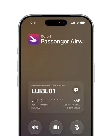 iPhone 17 Pro Silver displaying Call Context Siri AI feature, showing airline confirmation details while on a call.