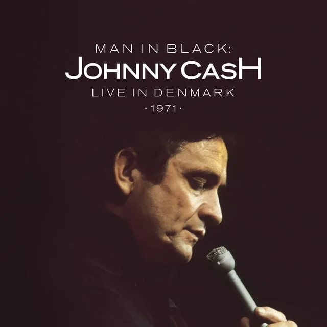 Johnny Cash performing live in Denmark, 1971 — Man in Black Live album cover