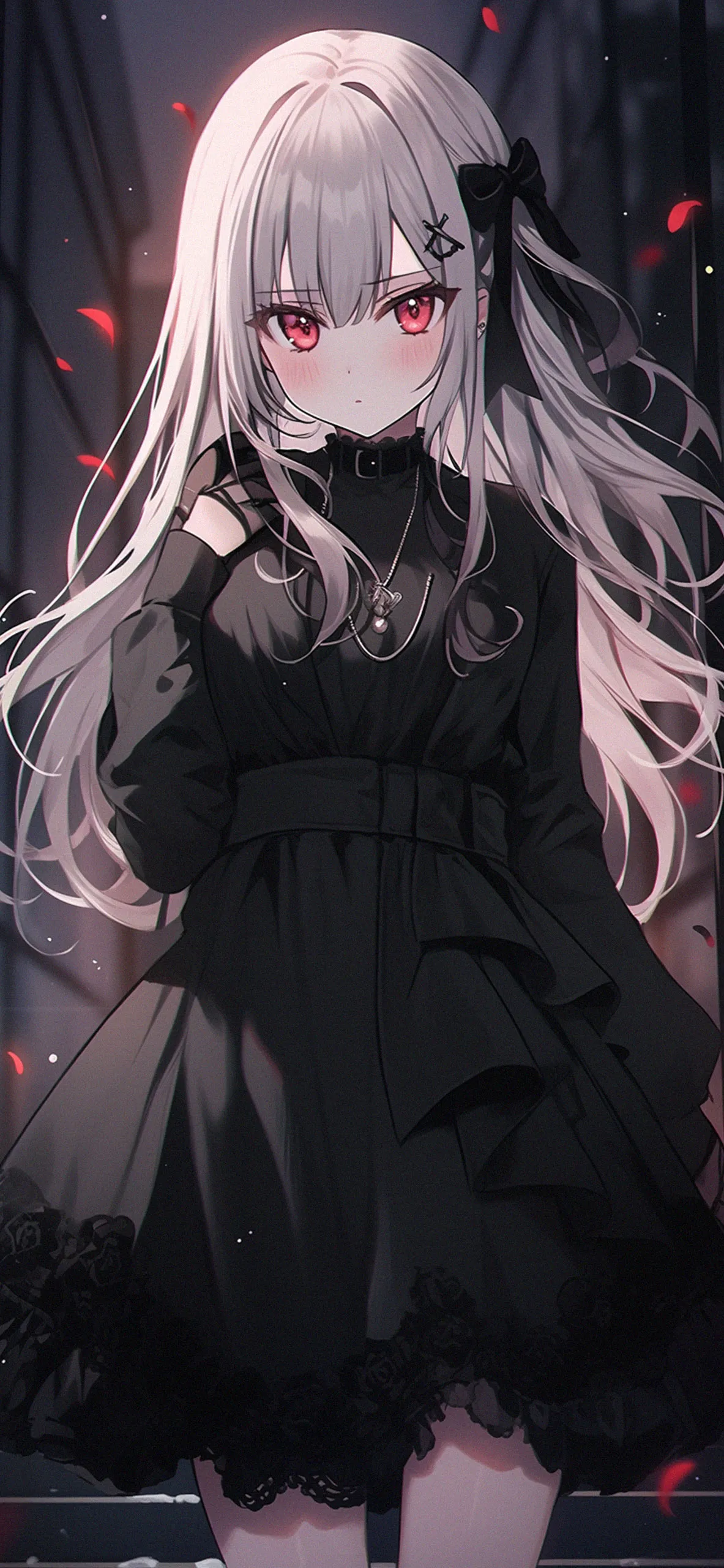 Anime girl in a stylish black dress with a cityscape background