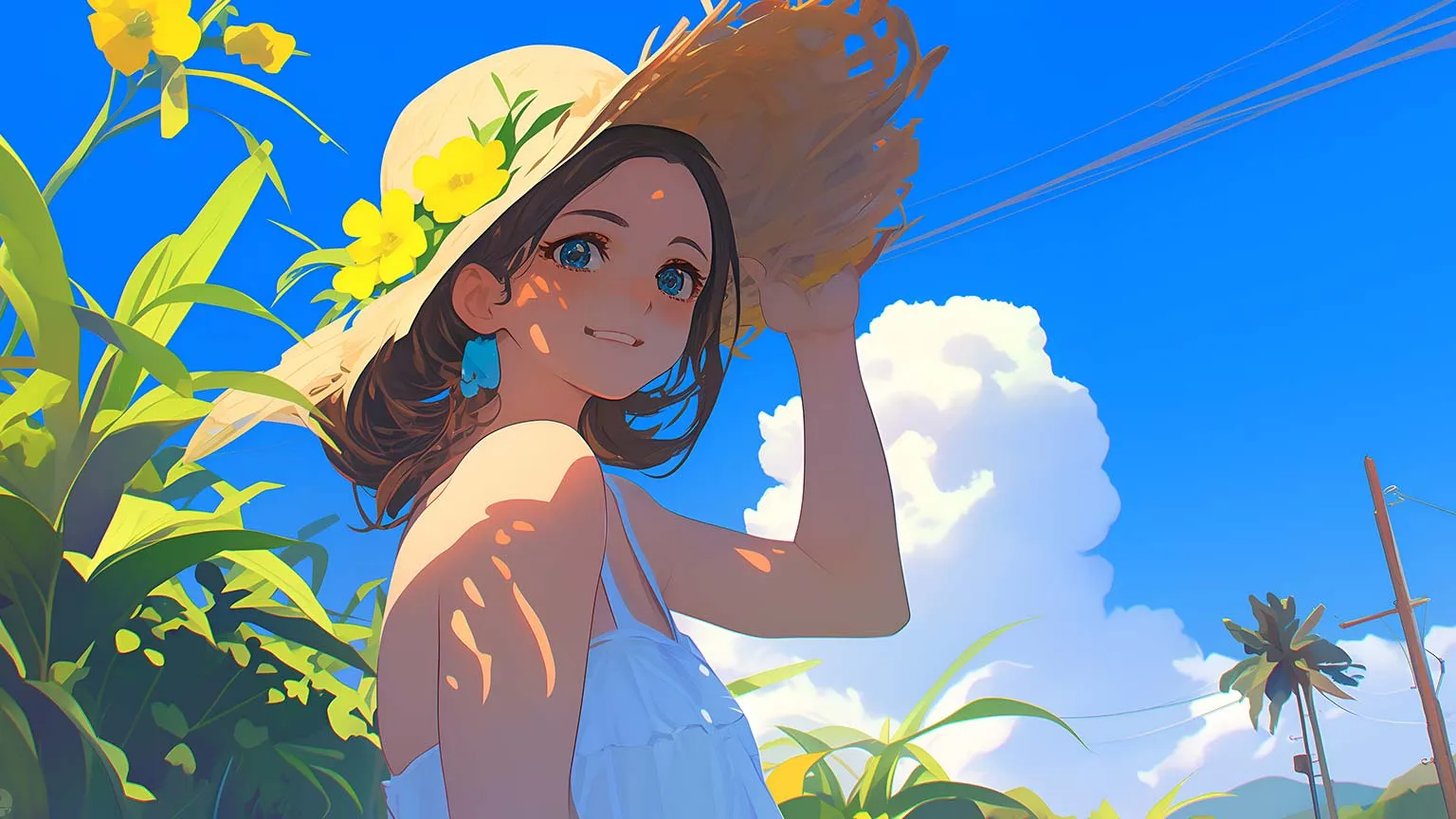 Cute anime girl in a straw hat, standing in a field of flowers