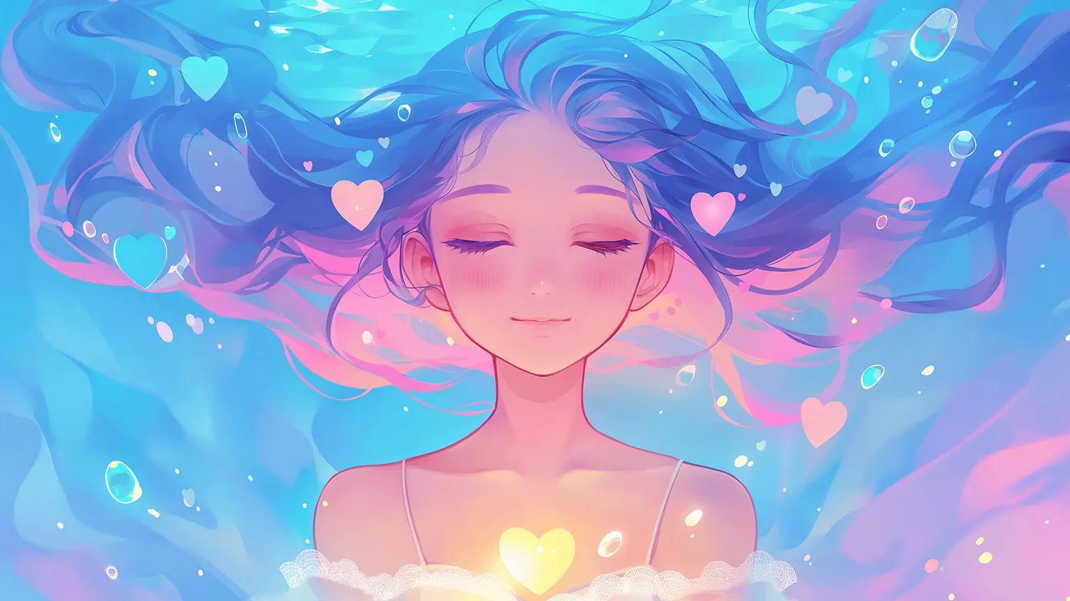 Anime girl underwater with a flowing dress and vibrant marine backdrop