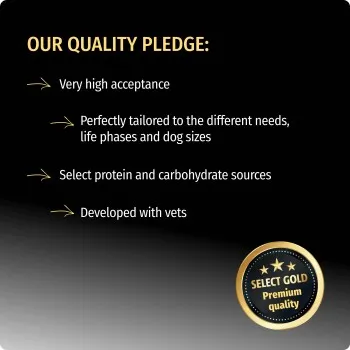 Select Gold quality pledge and nutritional assurance label on black background