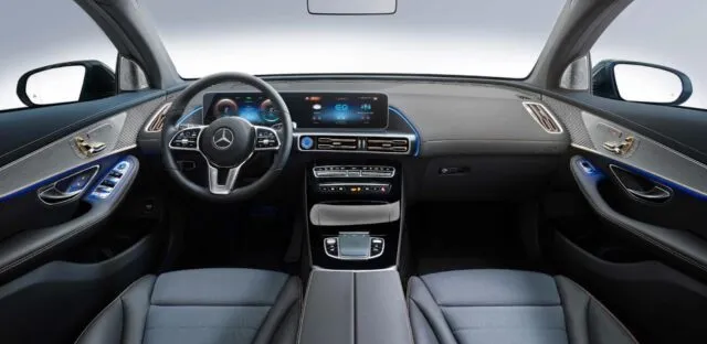 Mercedes-Benz EQC 2025 interior cabin with MBUX dual-screen system and premium leather trim