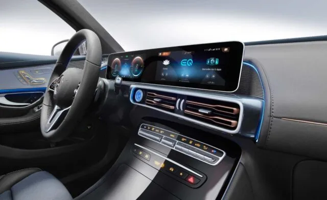 Mercedes-Benz EQC 2025 dual MBUX infotainment screens with digital instrument cluster