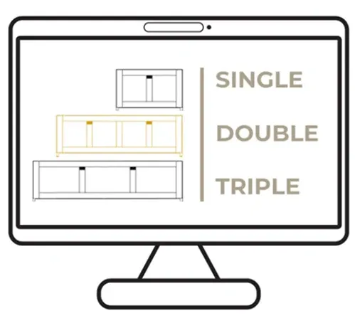 Step 1 design interface showing layout selection for customizable dog crate furniture with clean digital UI