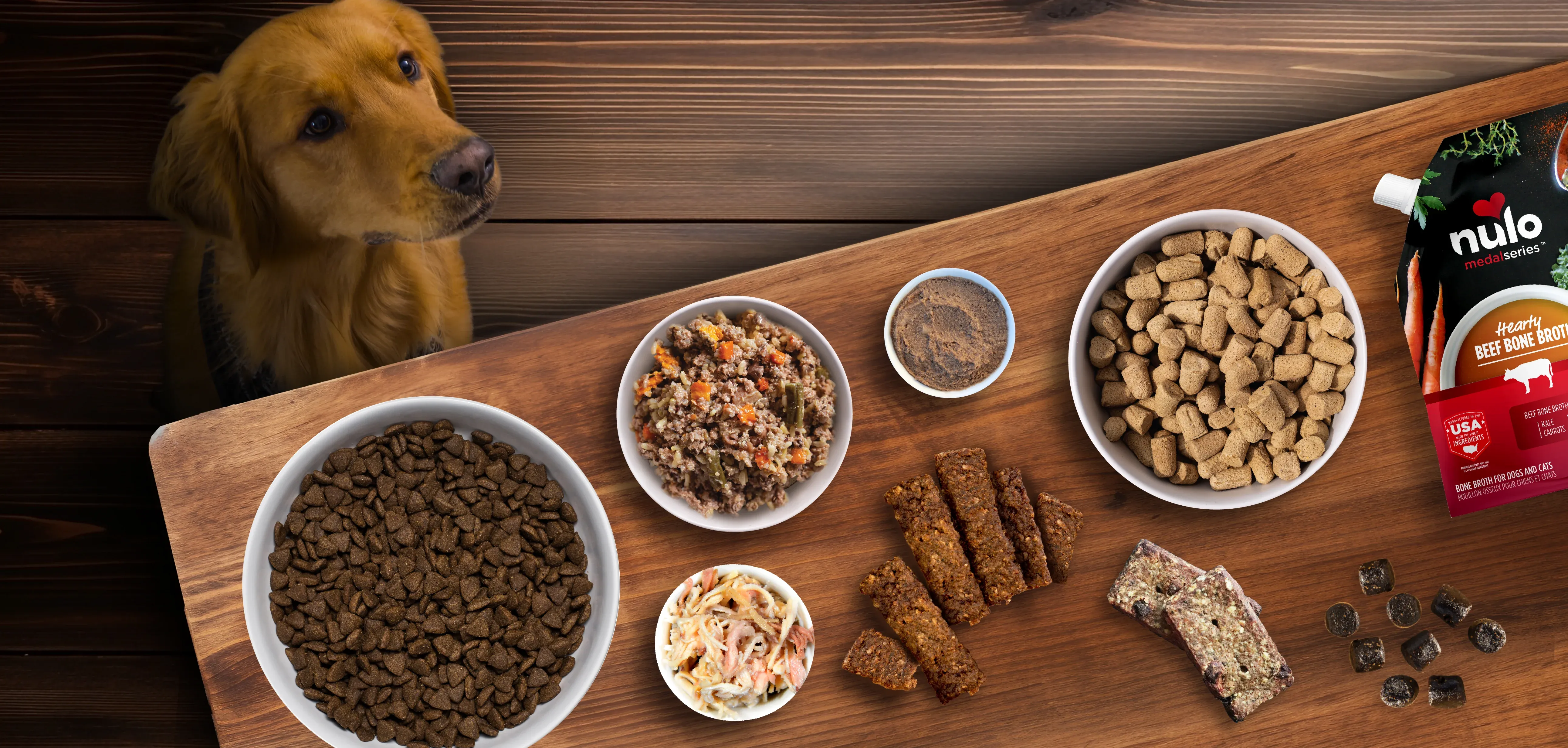 Overview of Nulo dog nutrition products including kibble, treats, and functional supplements