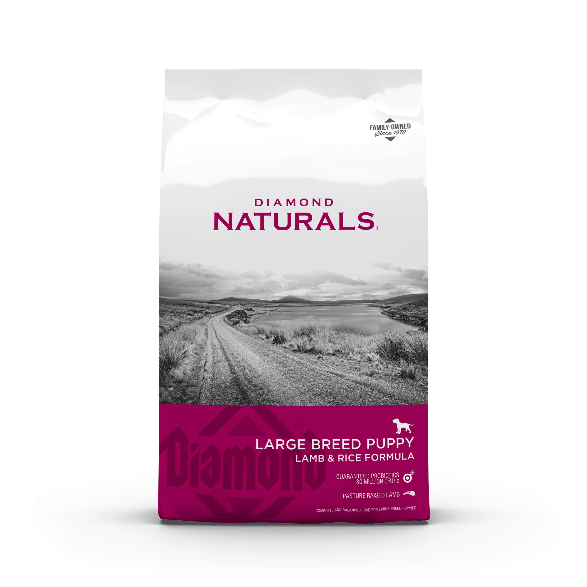 Bag of Diamond Naturals Large Breed Puppy Lamb & Rice showing product front and branding