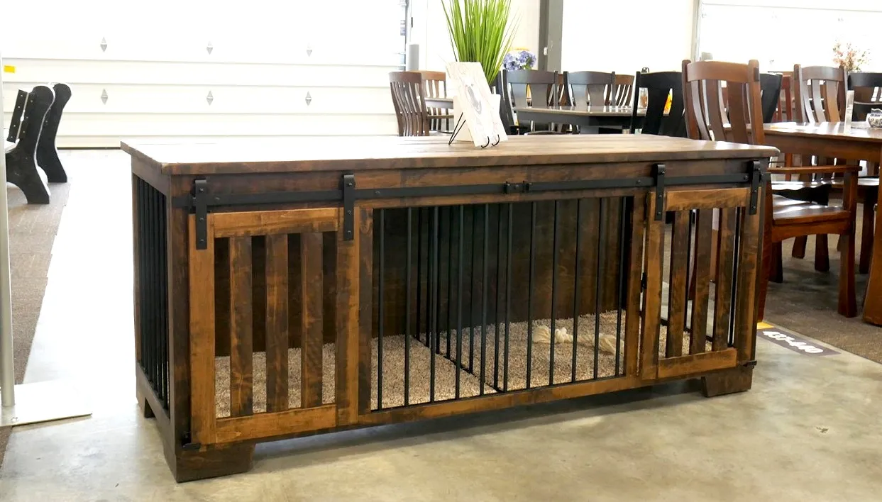 Rustic barn-door style wooden dog crate showcasing handcrafted furniture design