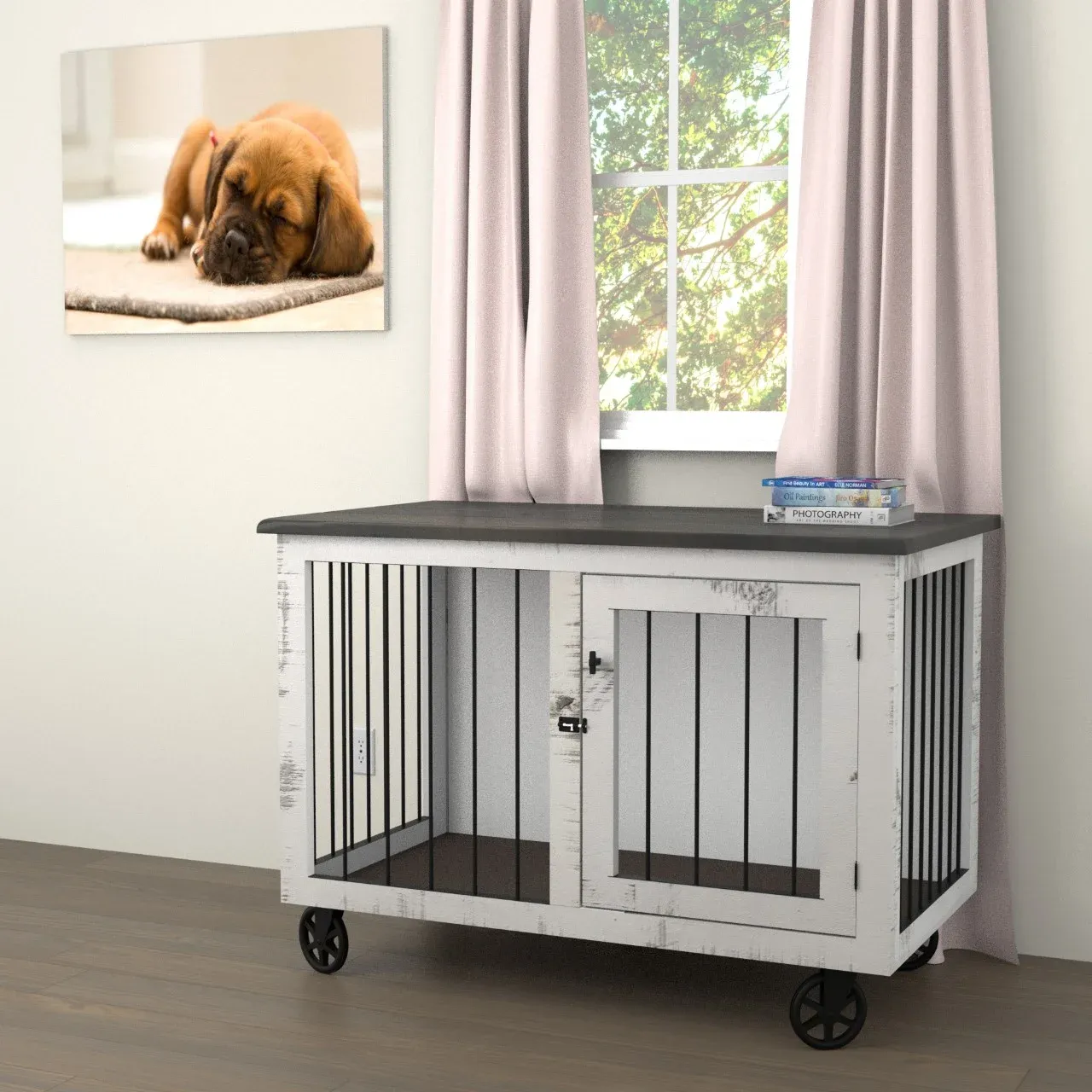 A cozy wooden dog crate designed as a bedroom den, blending into home furniture
