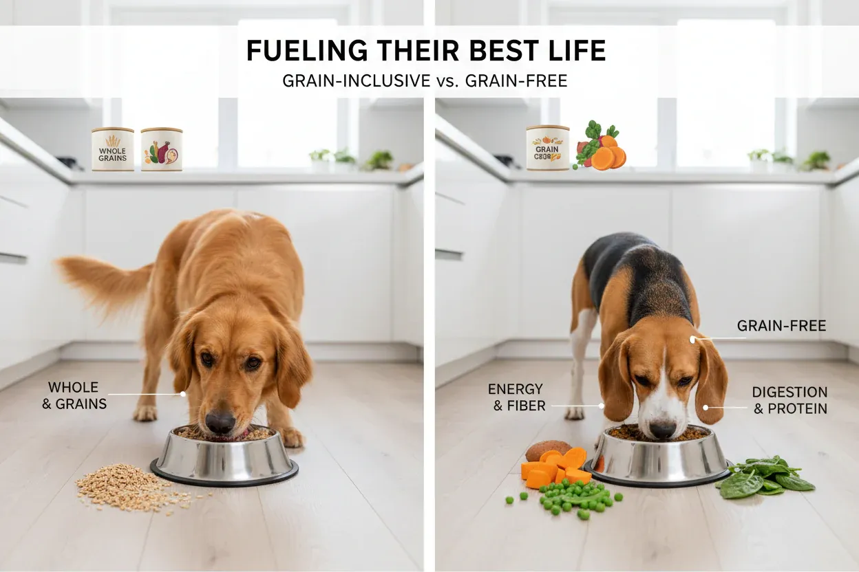 Dogs comparing grain-free and grain-inclusive ingredient diets