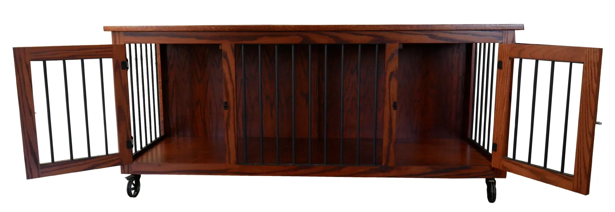 Elegant double-door oak dog crate with cherry stain, designed as home furniture