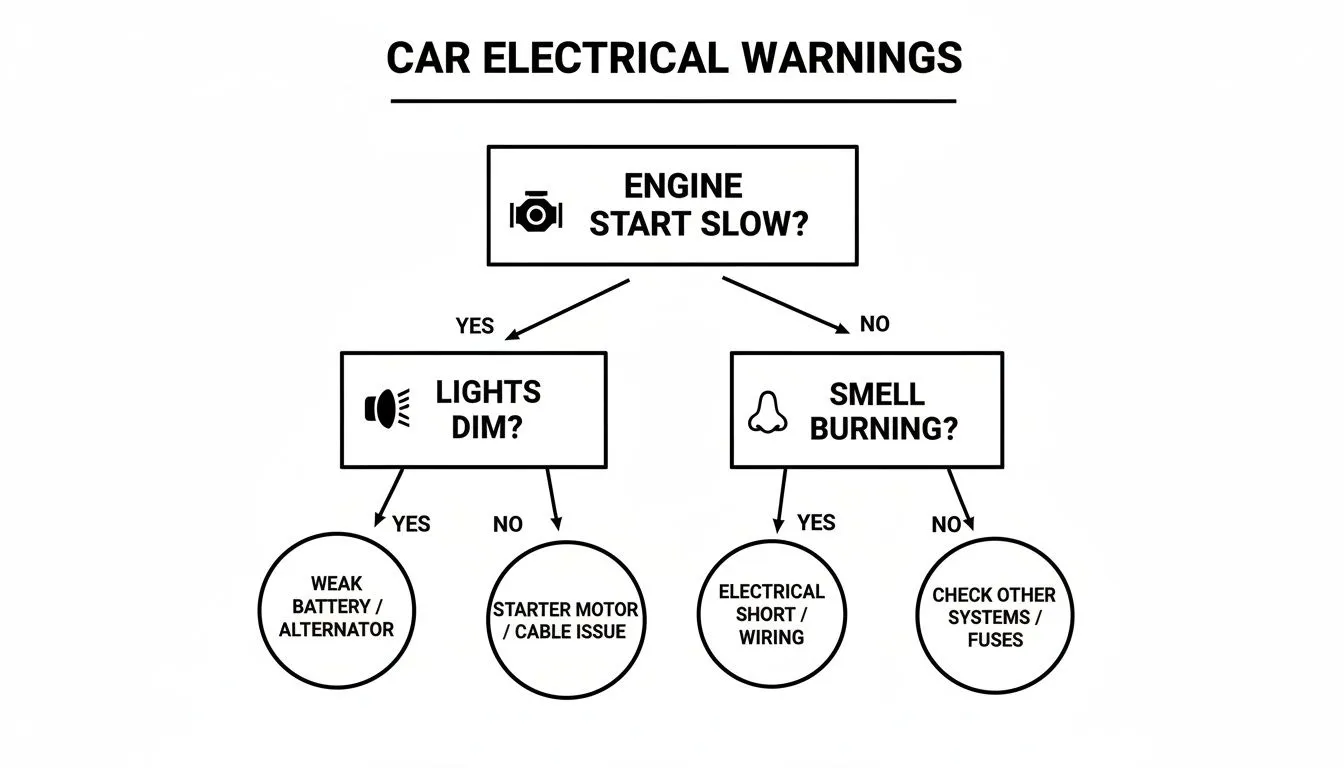Flowchart showing car electrical warning signs and diagnostic paths