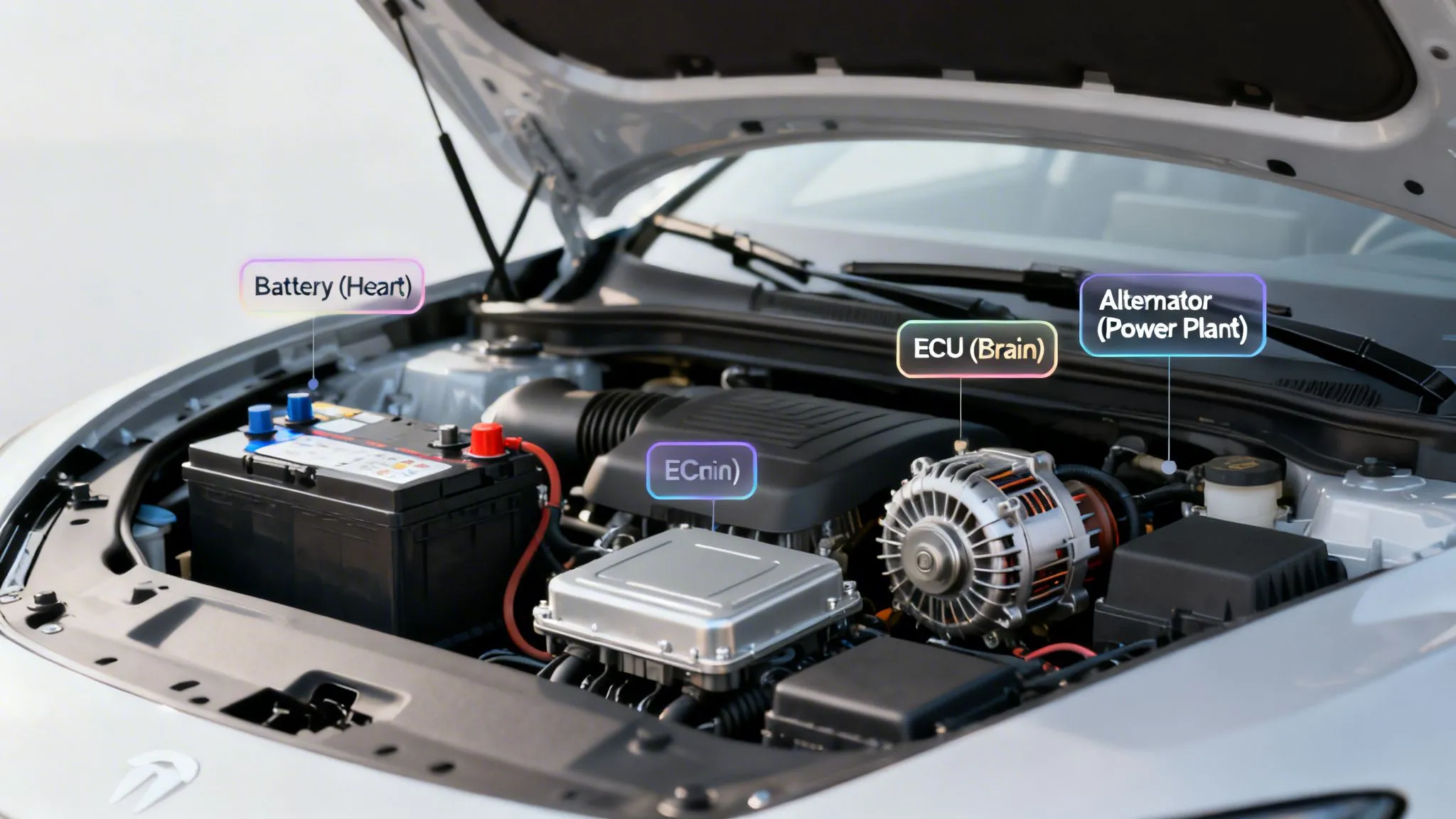 Close-up of a car electrical system component inspection in a workshop