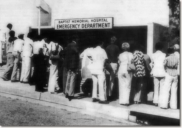 Fans waiting outside Baptist Memorial Hospital after Elvis Presley was pronounced dead