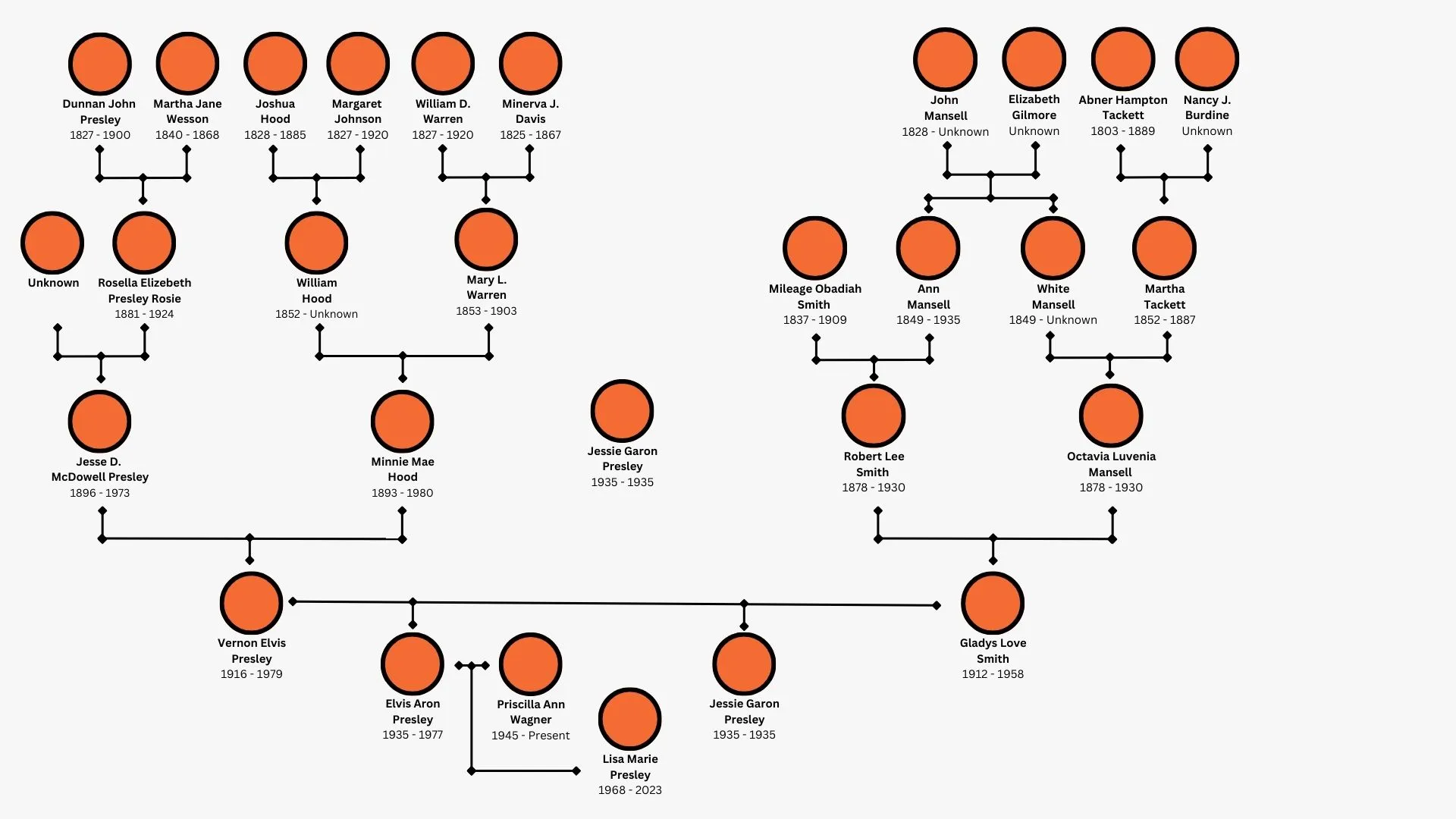 Diagram illustrating the Presley family lineage across generations from Elvis’s ancestors to modern descendants