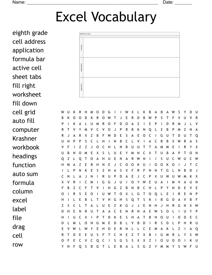 Excel vocabulary word search puzzle for students and professionals studying spreadsheet terms