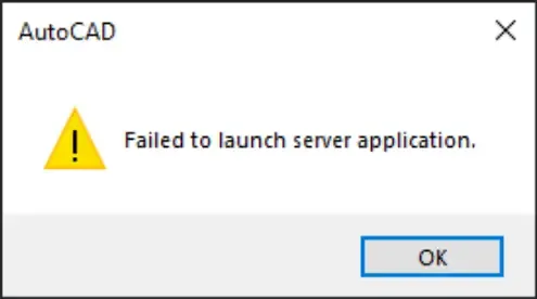 A system error dialogue showing failed to launch server application autocad excel