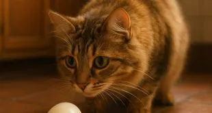 Fluffy cat examining a boiled egg on the table