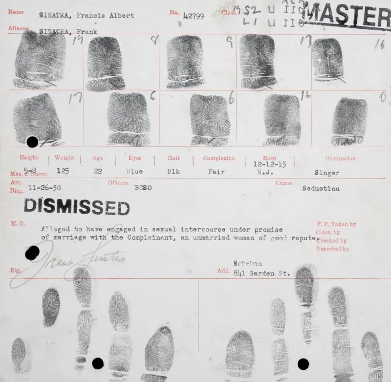 Original fingerprint identification sheet documenting Frank Sinatra's 1938 arrest