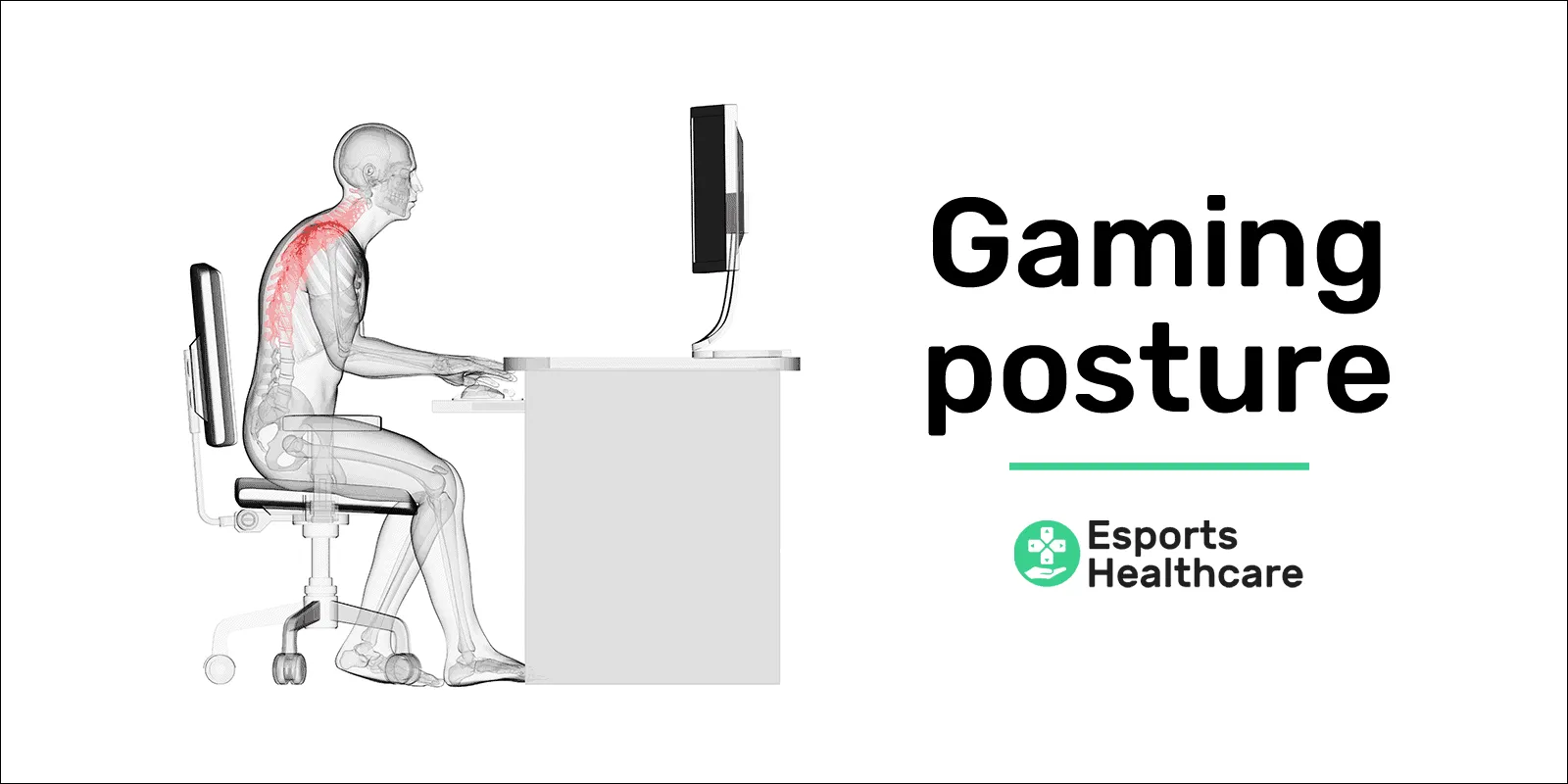Close-up illustration of correct seated gaming posture setup