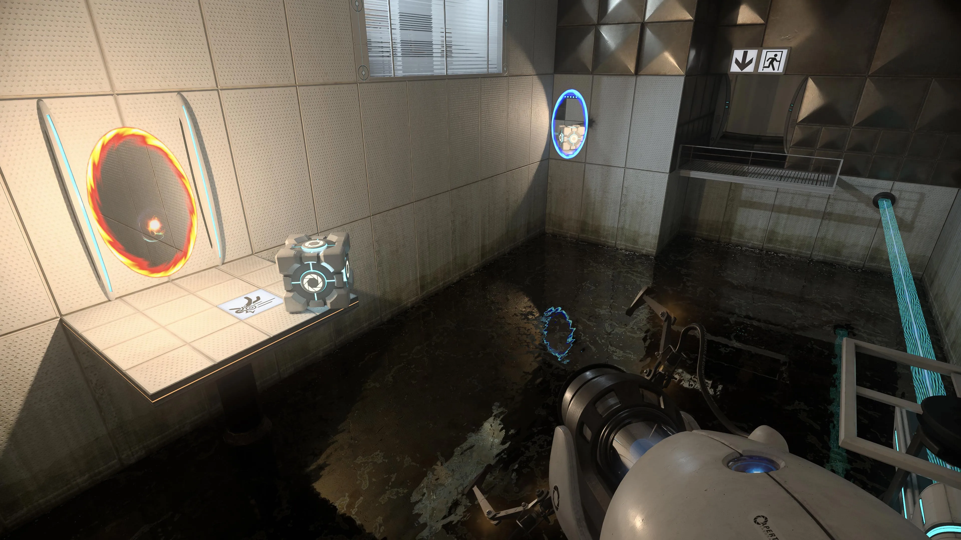 Portal RTX with ray tracing enabled, showing accurate reflections, soft shadows, and volumetric lighting