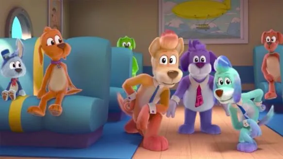 Tag and Scooch performing with the Barkapellas singing group in Go, Dog. Go!