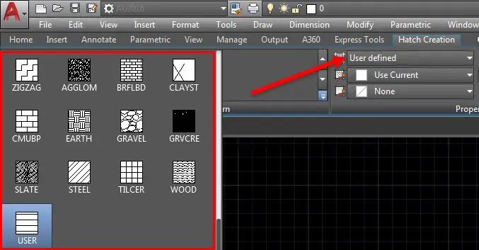 User-defined hatch patterns accessible directly from the Ribbon interface