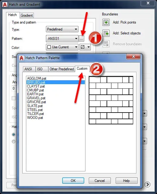 Custom hatch patterns successfully loaded and displayed inside AutoCAD