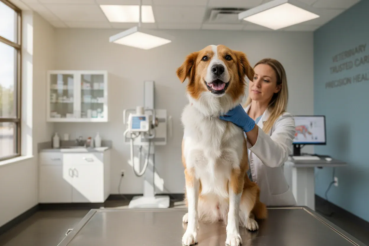 Healthy dog at veterinary clinic receiving professional checkup