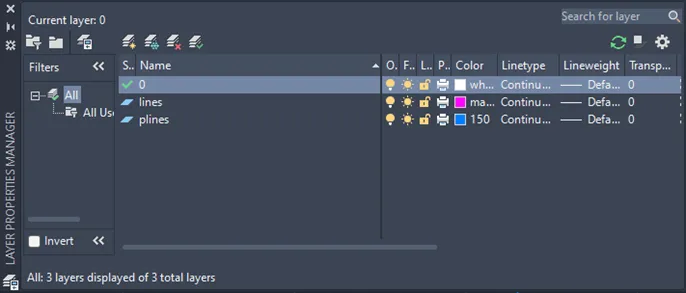 Layer setup in AutoCAD with lines and polylines layers created
