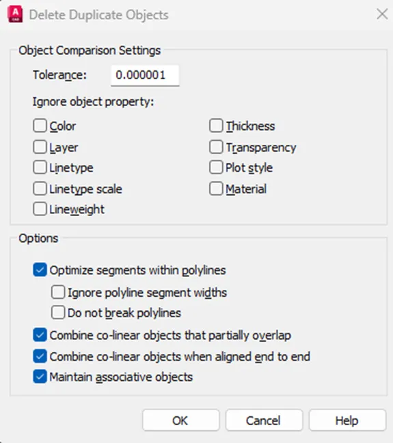 AutoCAD OVERKILL dialog box with object comparison settings
