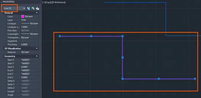 Properties dialog showing reduced line count after OVERKILL cleanup