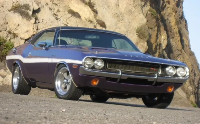1970 Dodge Challenger R/T SE Hemi muscle car in vivid purple paint