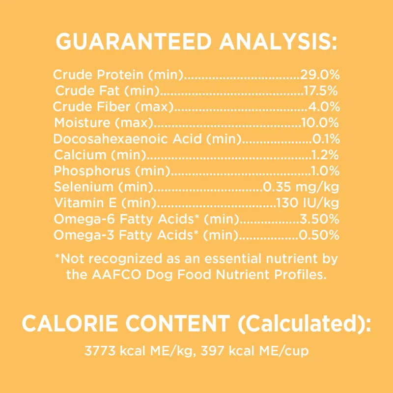 Guaranteed nutrition analysis of IAMS puppy food showing protein and mineral content